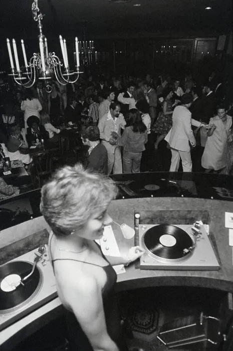 Framed Print : Interior of Disco with Female Disc Jockey Framed Print : Interior of Disco with Female Disc Jockey