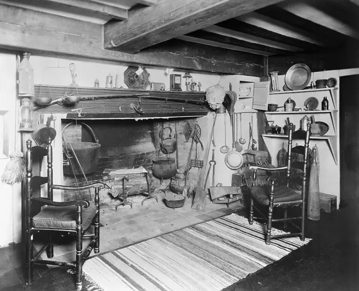Framed Print : Interior of Early American Furnished Kitchen Framed Print : Interior of Early American Furnished Kitchen