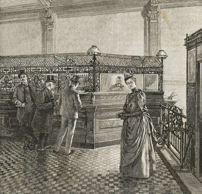 Framed Print : Interior of Early Bank with Customers Framed Print : Interior of Early Bank with Customers