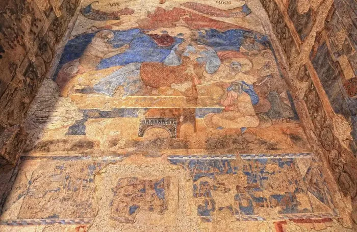 Framed Print : Interior frescoes, Qusair Amra, Qusayr Amra, Small Palace of Amra, Unesco World Heritage Site, desert castle east of Amman, Jordan