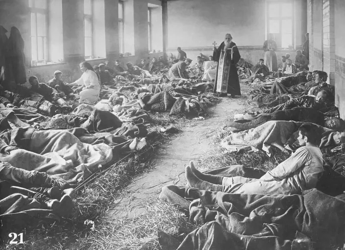 Framed Print : Interior of Makeshift War Hospital with Administering Nurse and Priest Framed Print : Interior of Makeshift War Hospital with Administering Nurse and Priest