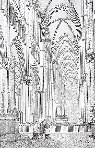 Interior of Reims Cathedral, France, Our Lady of Reims, Notre-Dame de Reims, 1888, Historic, digitally restored reproduction of an original 19th century artwork