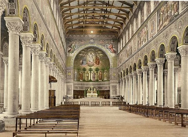 Interior view of the Basilica Kloster Sankt Bonifaz in Munich, Bavaria, Germany, Historic, digitally restored reproduction of a photochrome print from the 1890s