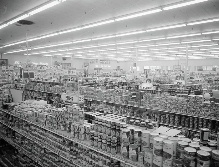 Framed Print : Interior View of Supermarket, 1955 Framed Print : Interior View of Supermarket, 1955