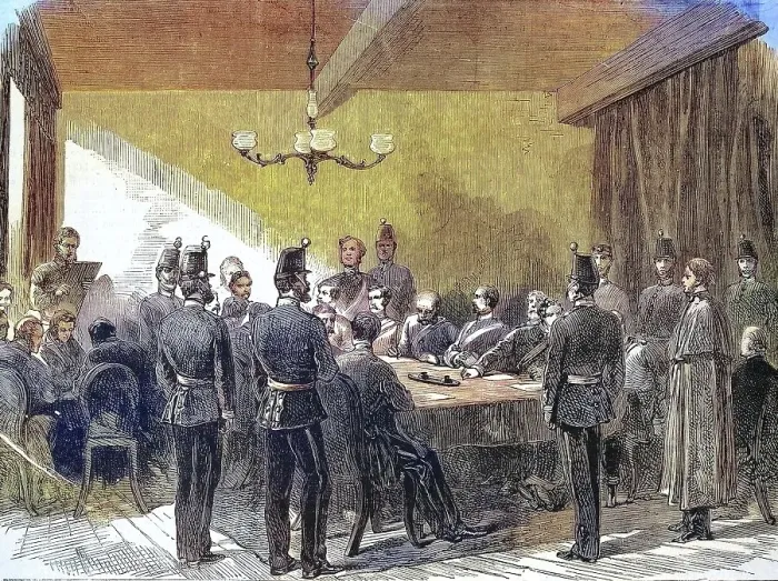 Framed Print : Interrogation of the prisoner Fenian, a member of the Irish Republican Brotherhood, at the Dublin police station, 1868, Ireland, Historic, digitally restored reproduction of an original 19th century master, exact original date unknown Framed Print : Interrogation of the prisoner Fenian, a member of the Irish Republican Brotherhood, at the Dublin police station, 1868, Ireland, Historic, digitally restored reproduction of an original 19th century master, exact original date unknown