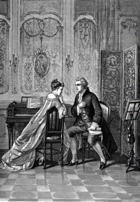 Framed Print : The interrupted piano lesson: Piano teacher holds his hand on his heart and speaks to the woman Framed Print : The interrupted piano lesson: Piano teacher holds his hand on his heart and speaks to the woman