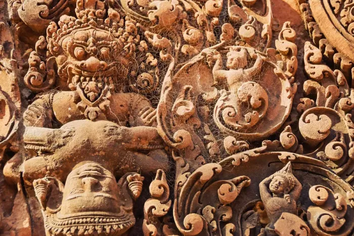 Framed Print : Intricate sandstone bas relief, Banteay Srei Framed Print : Intricate sandstone bas relief, Banteay Srei