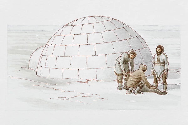 Three Inuit hunters by 6000 BC igloo