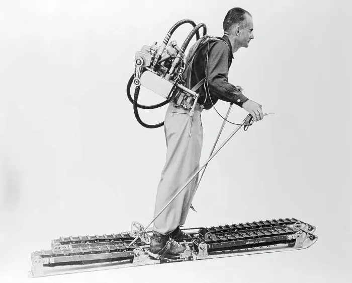 Framed Print : Inventor Displaying His Motor Powered Skis