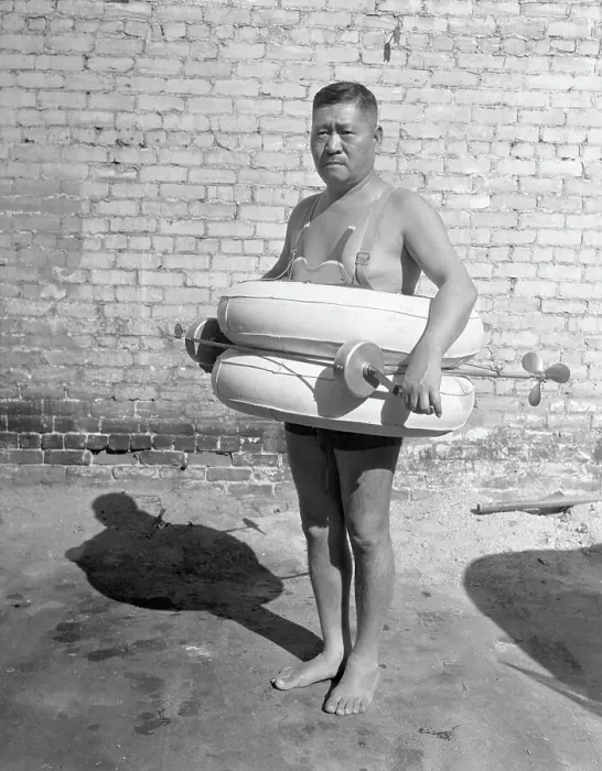 Framed Print : Inventor Displaying Traveling Life Preserver