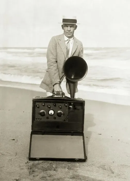Framed Print : Inventor Edwin H. Armstrong on Beach with Radio Framed Print : Inventor Edwin H. Armstrong on Beach with Radio