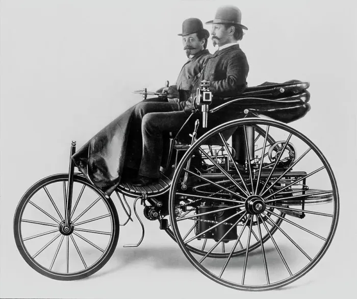 Framed Print : Inventor Karl Benz and Assistant in Early Motorwagen