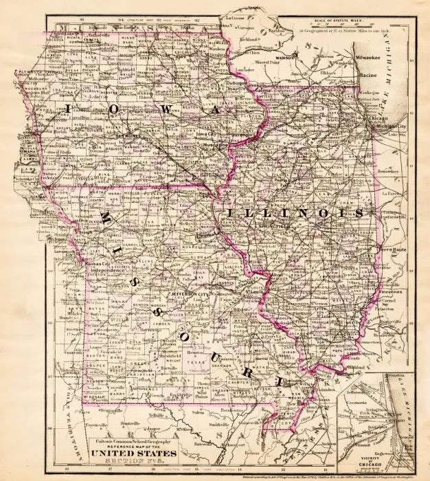 Framed Print : Iowa Missouri Illinois map 1881 Framed Print : Iowa Missouri Illinois map 1881