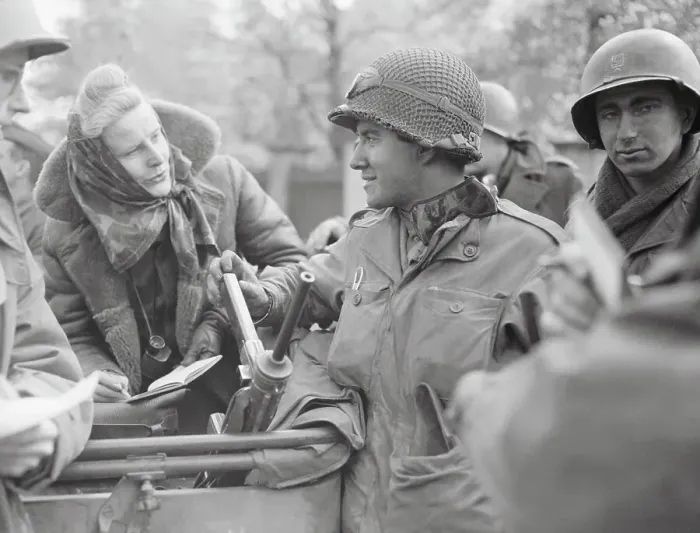 Framed Print : Iris Carpenter Interviewing American Troop in the Field Framed Print : Iris Carpenter Interviewing American Troop in the Field