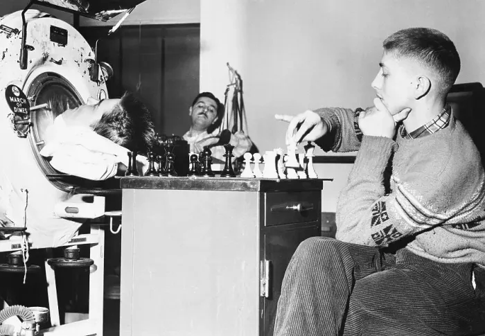 Framed Print : Iron Lung Patient Playing Chess with Bobby Fischer Framed Print : Iron Lung Patient Playing Chess with Bobby Fischer