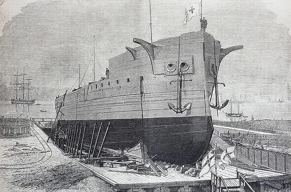 The ironclad Frederick the Great on the stack in the shipyard of Kiel, Germany, History, digital reproduction of an original 19th-century model