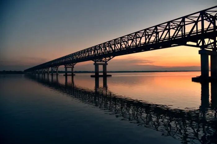 Framed Print : Irrawaddy river bridge at sunset with reflection sky Myanmar Asia Framed Print : Irrawaddy river bridge at sunset with reflection sky Myanmar Asia