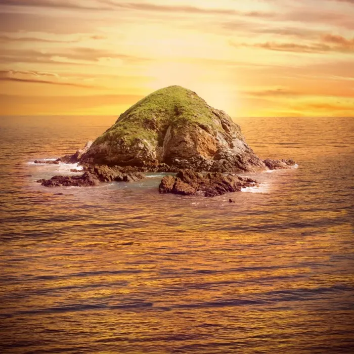 Framed Print : Island in Ocean Sunset Colors Framed Print : Island in Ocean Sunset Colors