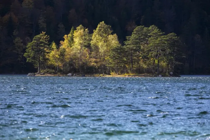 Framed Print : Island in the stormy Eibsee Lake, autumn, Bavaria, Germany, Europe Framed Print : Island in the stormy Eibsee Lake, autumn, Bavaria, Germany, Europe