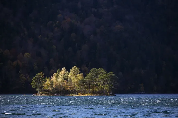 Framed Print : Island in the stormy Eibsee Lake, autumn, Bavaria, Germany, Europe Framed Print : Island in the stormy Eibsee Lake, autumn, Bavaria, Germany, Europe