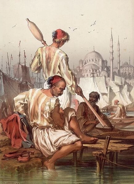 Istanbul. circa 1800: Turkish boatmen in the harbour of Constantinople 