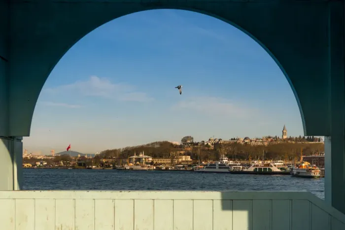 Framed Print : Istanbul city looking through the architecture of Galata bridge