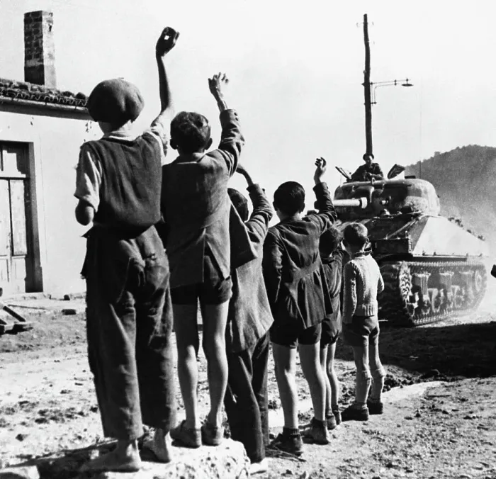 Framed Print : Italian Children Wave To British Tank Framed Print : Italian Children Wave To British Tank