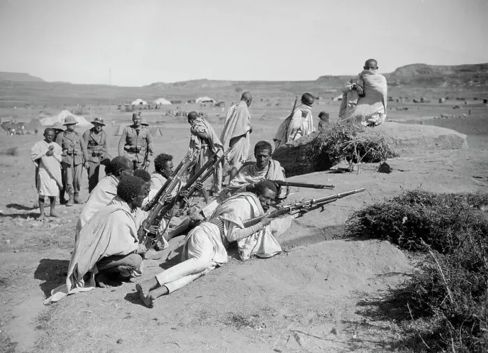 Framed Print : Italian and Ethiopian Troops Rest with Guns Framed Print : Italian and Ethiopian Troops Rest with Guns
