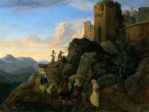 The Italian mountain town of Civitella, today Bellegra, Italy, Painting by Ludwig Richter, Historic, digitally restored reproduction of a historical original