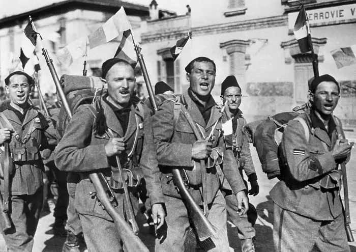 Framed Print : Italian Veterans Sing Marching to Train Framed Print : Italian Veterans Sing Marching to Train