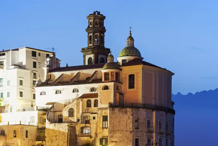 Framed Print : Italy, Campania, Atrani, Townhouses and tower at dusk