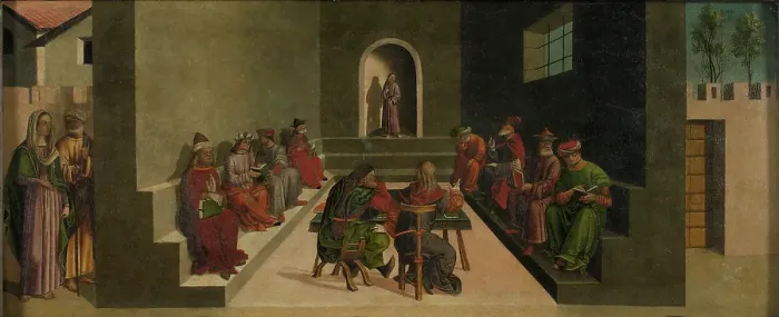 Framed Print : Italy, Lombardy, Milan, Brera Picture Gallery. Whole artwork view. The painting is about the dispute among the doctors and Jesus Christ in the temple; he is seated with his back turned on the viewer; next to him another doctor is seated