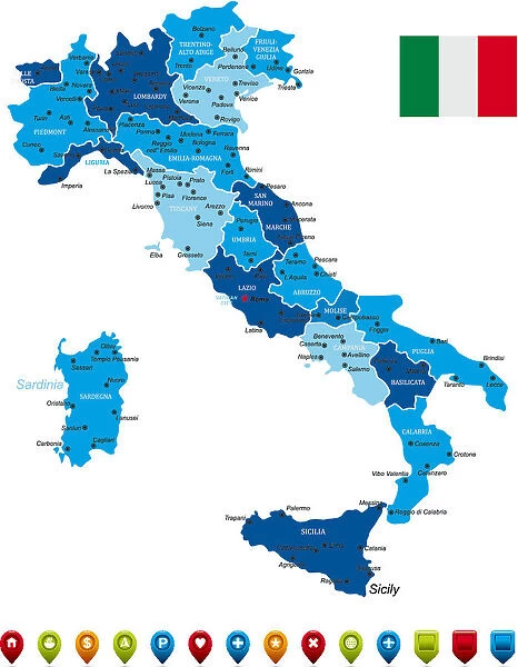 Italy Map. High Detailed Italy Map with Navigation Icons