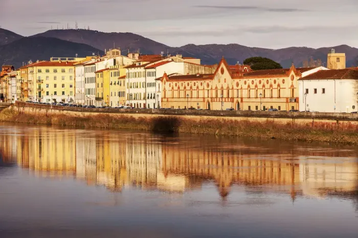 Framed Print : Italy, Tuscany, Pisa, Townhouses by Arno river at sunset Framed Print : Italy, Tuscany, Pisa, Townhouses by Arno river at sunset
