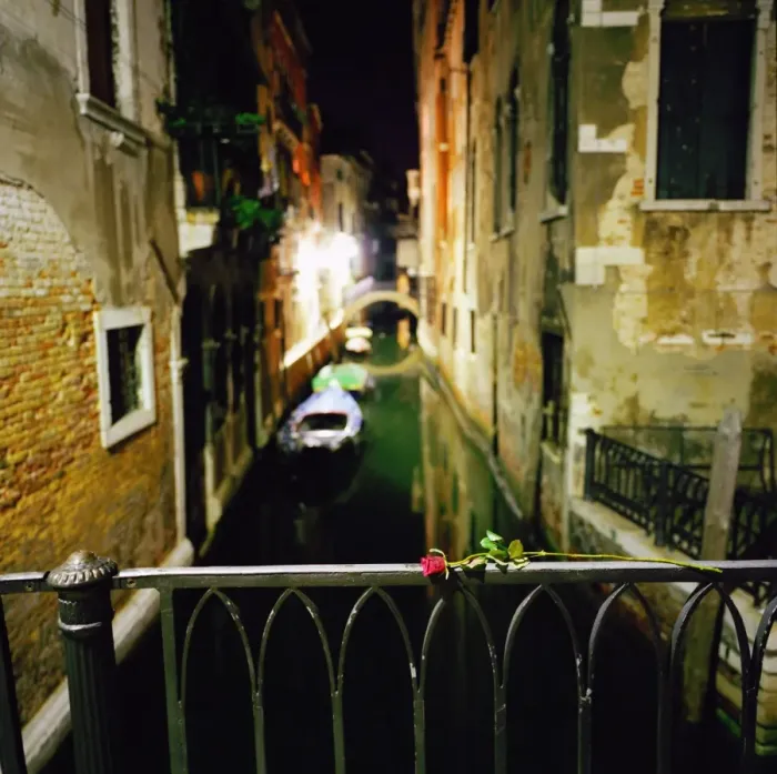 Framed Print : Italy, Venice, rose on bridge over canal at night Framed Print : Italy, Venice, rose on bridge over canal at night