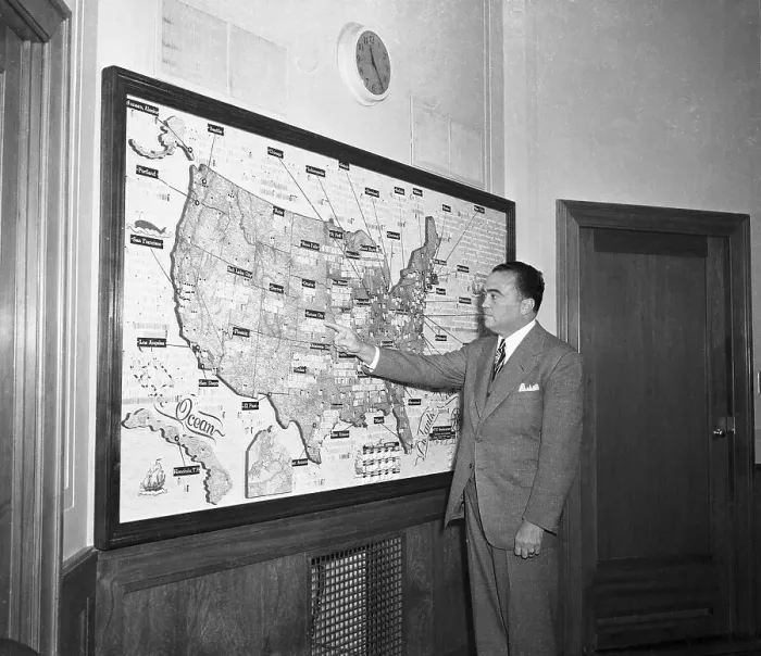 Framed Print : J. Edgar Hoover Pointing to Map of the United States Framed Print : J. Edgar Hoover Pointing to Map of the United States