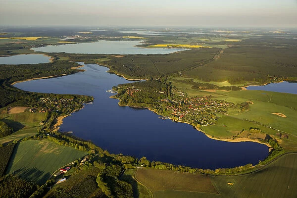 Jabelscher See lake, left village of Damerow, Jabel, Mecklenburg Lake District, Mecklenburg-Western Pomerania, Germany