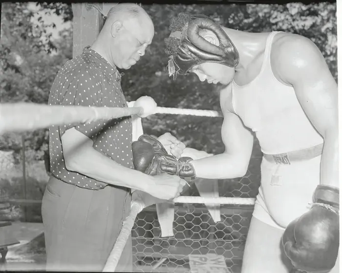 Framed Print : Jack Blackburn Helping Joe Louis with Gloves Framed Print : Jack Blackburn Helping Joe Louis with Gloves