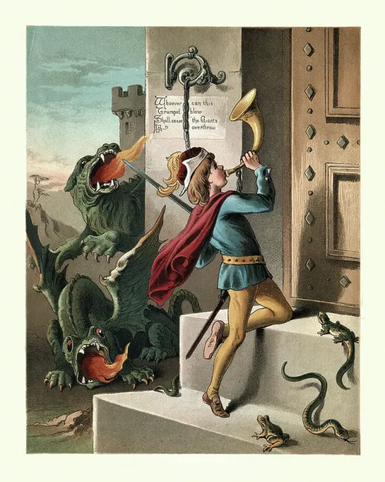Framed Print : Jack the Giant Killer, Jack blowing the horn at the gaints door, Dragons, Fairy tale Framed Print : Jack the Giant Killer, Jack blowing the horn at the gaints door, Dragons, Fairy tale