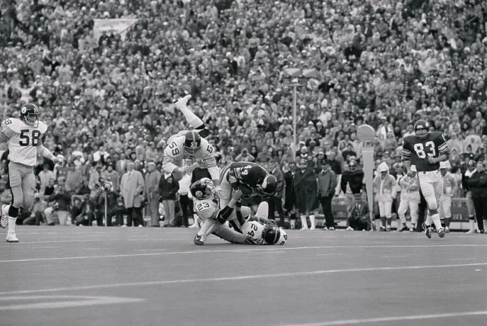 Framed Print : Jack Ham and Mike Wagner Bringing Down Chuck Forman Framed Print : Jack Ham and Mike Wagner Bringing Down Chuck Forman