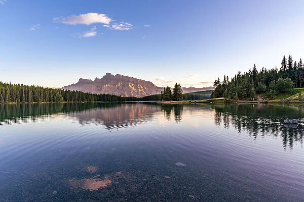 Two Jack Lake and Mount Rundle reflection in Canada at sunset