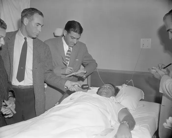 Framed Print : Jack Leonard Holding Press Conference from Hospital Framed Print : Jack Leonard Holding Press Conference from Hospital
