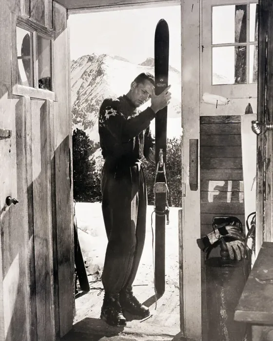 Framed Print : Jack Redding Checking Out Skis in Doorway Framed Print : Jack Redding Checking Out Skis in Doorway
