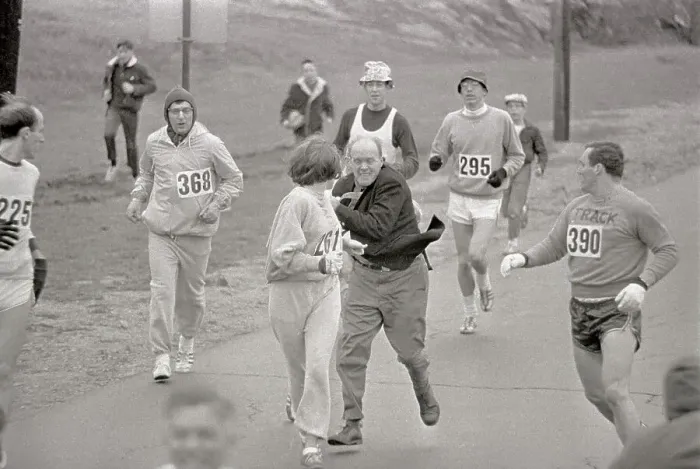 Framed Print : Jack Semple Pulling at Kathy Switzer During Race Framed Print : Jack Semple Pulling at Kathy Switzer During Race