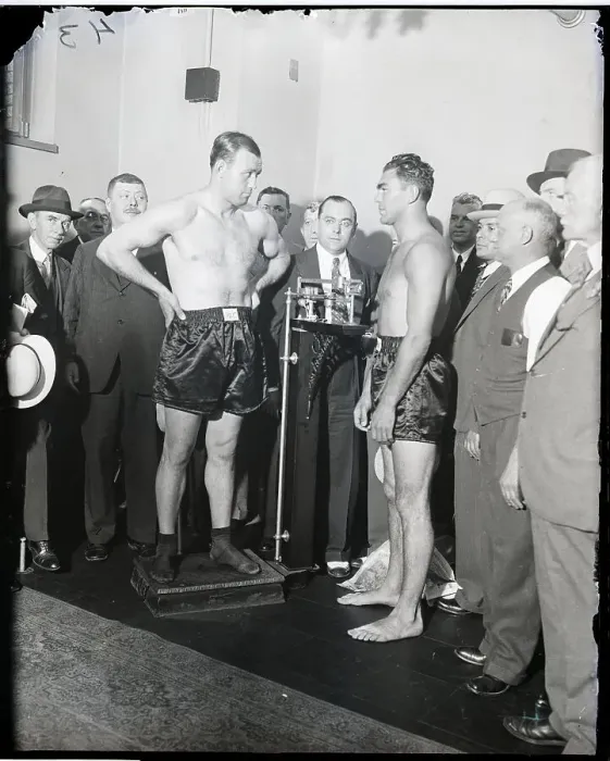 Framed Print : Jack Sharkey Weighing In W / Max Schmeling