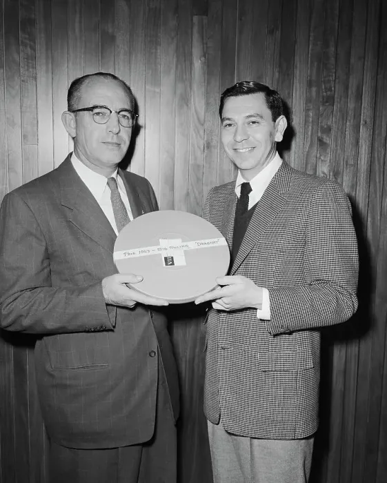 Framed Print : Jack Webb and LA Police Chief Holding Copy of Dragnet Show Framed Print : Jack Webb and LA Police Chief Holding Copy of Dragnet Show