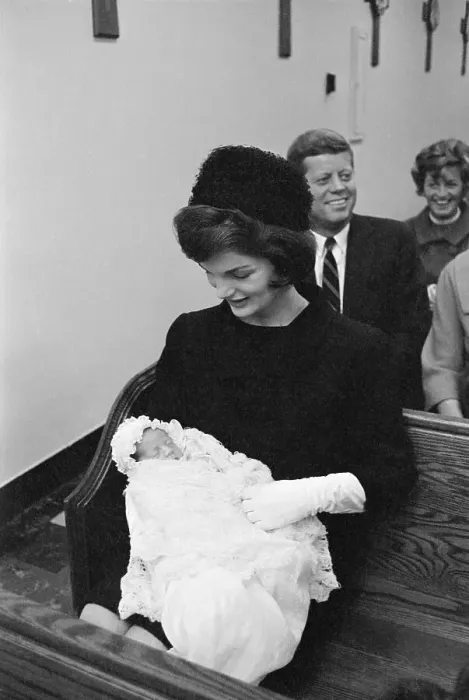 Framed Print : Jackie Kennedy Holding John Jr Wearing Baptismal Gown