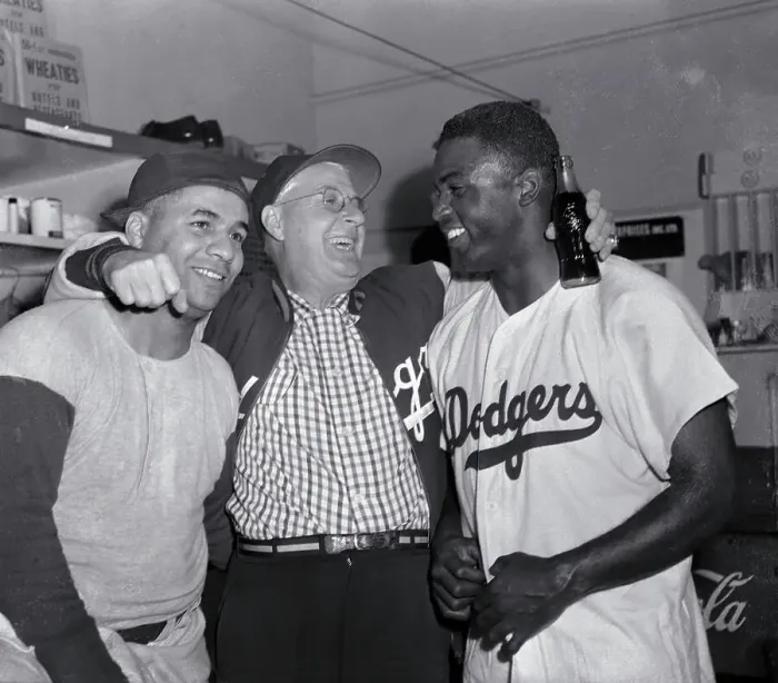 Framed Print : Jackie Robinson with Burt Shotton and Roy Campanella
