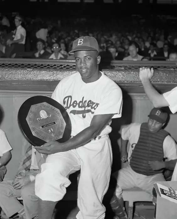 Framed Print : Jackie Robinson Holding Most Valuable Player Award Framed Print : Jackie Robinson Holding Most Valuable Player Award