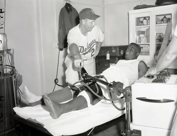 Framed Print : Jackie Robinson Lying Down for Knee Treatment Framed Print : Jackie Robinson Lying Down for Knee Treatment